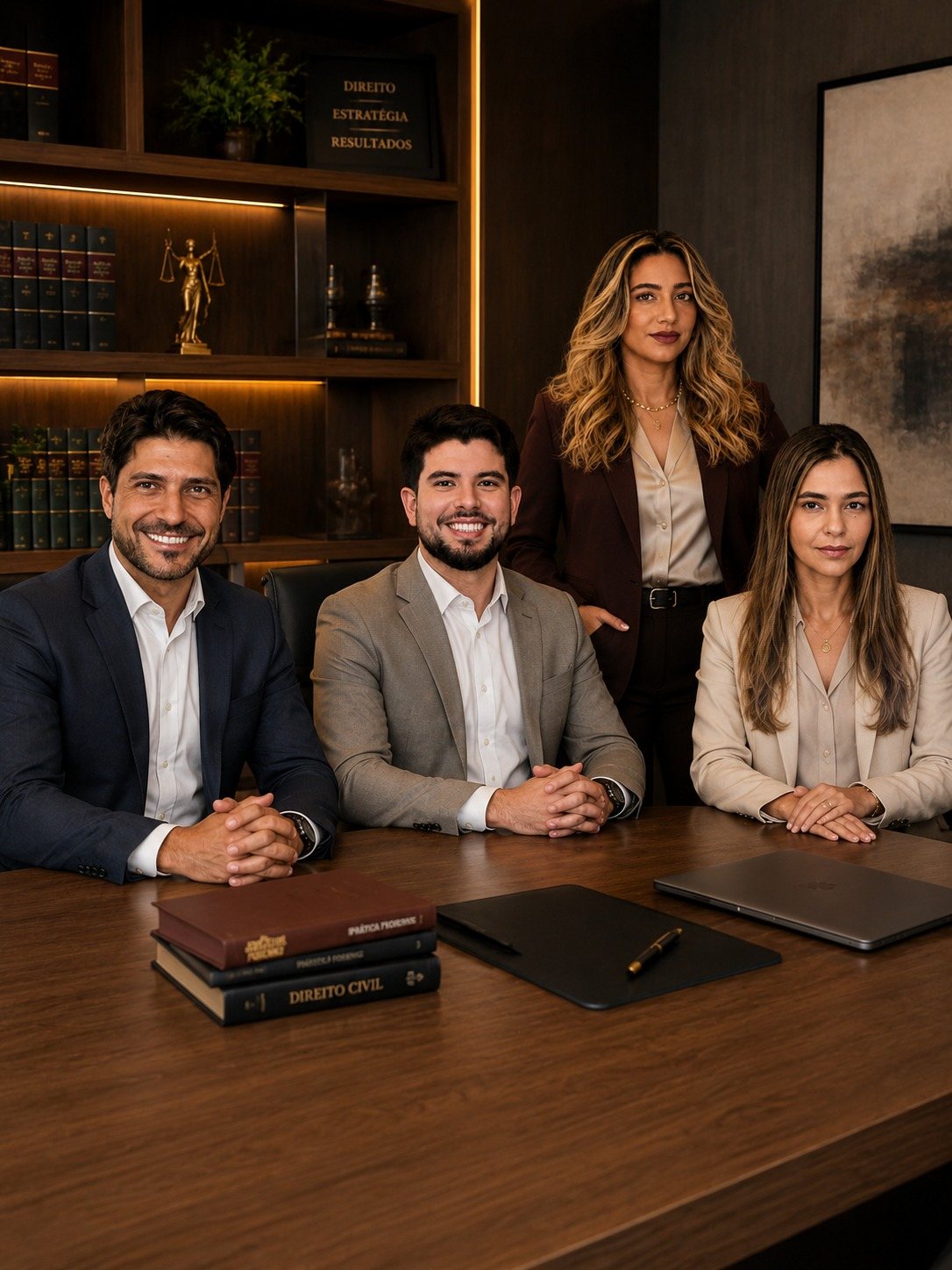 Equipe do Thisbe Faben Advogados reunida na sala de reuniões do escritório
